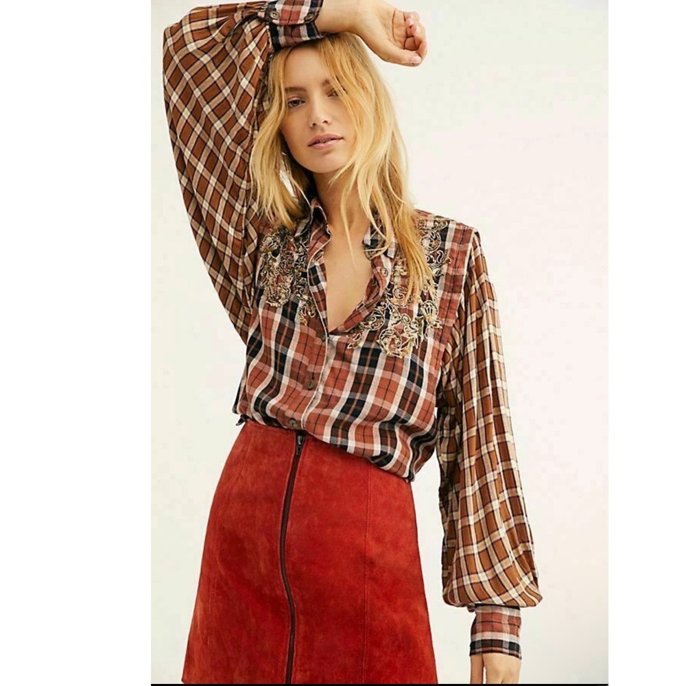 Free People Sequin‎ Embellished Plaid Button Down Shirt Pattern Brown Size Small